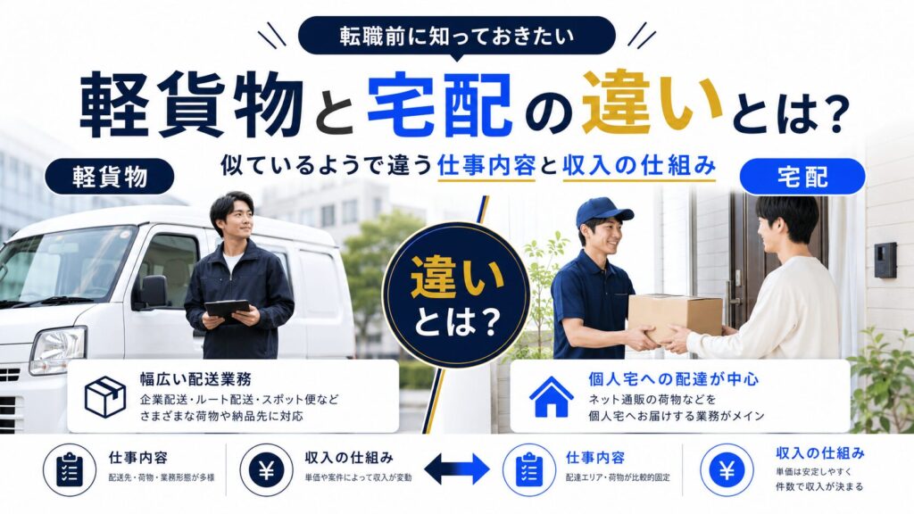 白い軽貨物車と企業配送のドライバー、個人宅で荷物を手渡す宅配員を左右に配置し、軽貨物と宅配の仕事内容・配送先・収入体系の違いを分かりやすく比較した構成